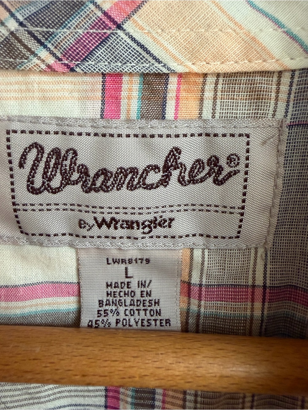 Wrangler Cream Plaid Button-Down Shirt with Pink and Gray Stripes - Picture 2 of 6